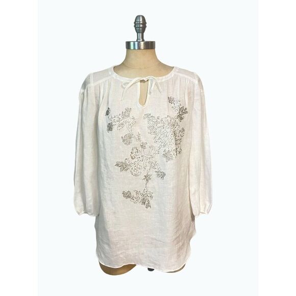 Magaschoni White Linen Designer Tunic Top Beaded front 4 Small - Picture 1 of 5